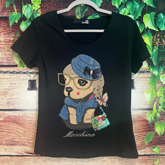 Love Moschino Tops - Love Moschino Rhinestone 3D Dog T-shirt Luxury Designer Granny Glasses Bow XS